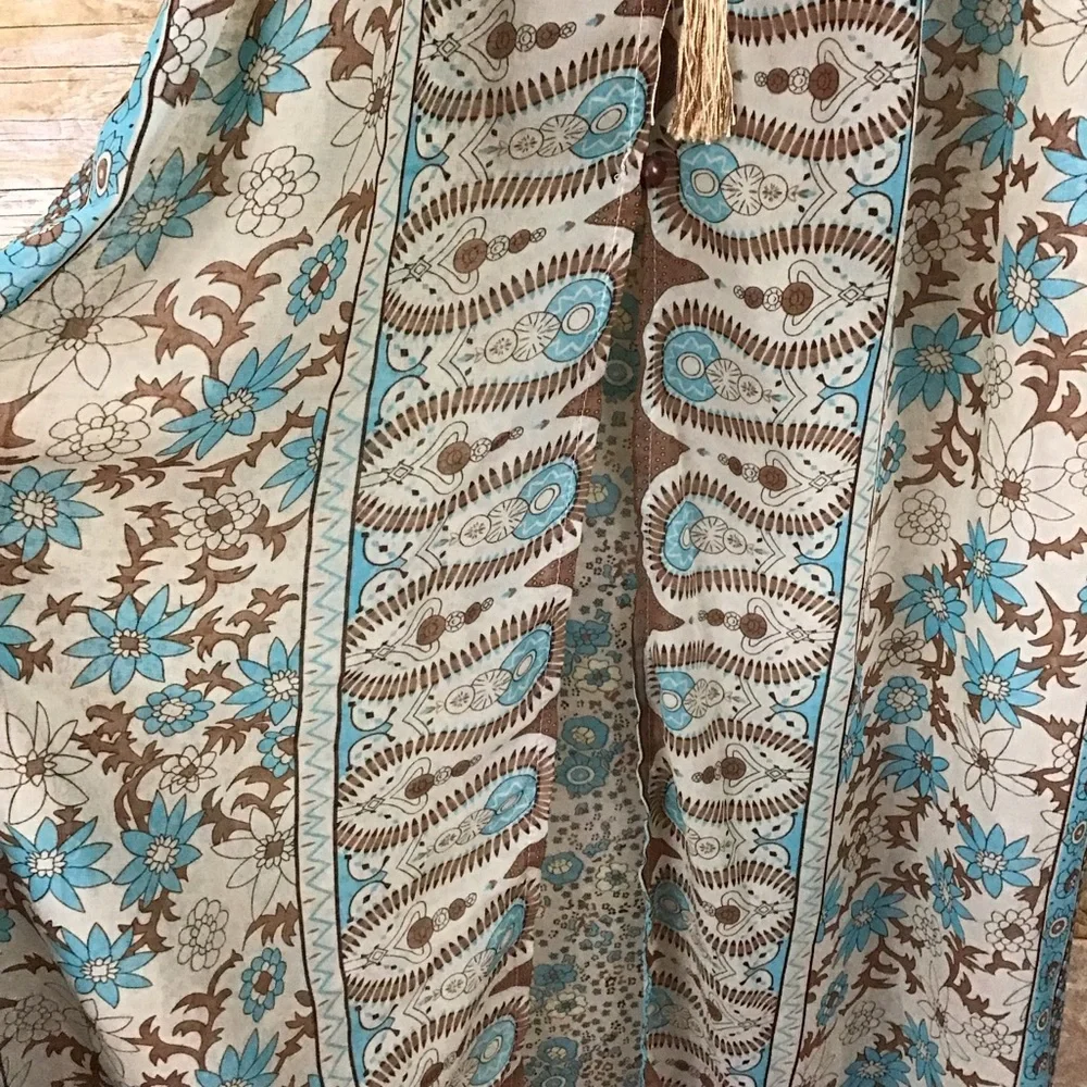 Boho Long Sheer Floral Maxi Dress XL Blue and Cream Prairiecore - Picture 5 of 9